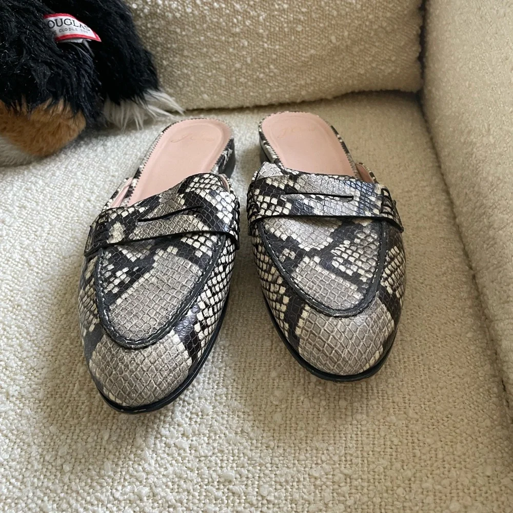 J. Crew Leather Mules with Snakeprint, Size 9 - Picture 2 of 4